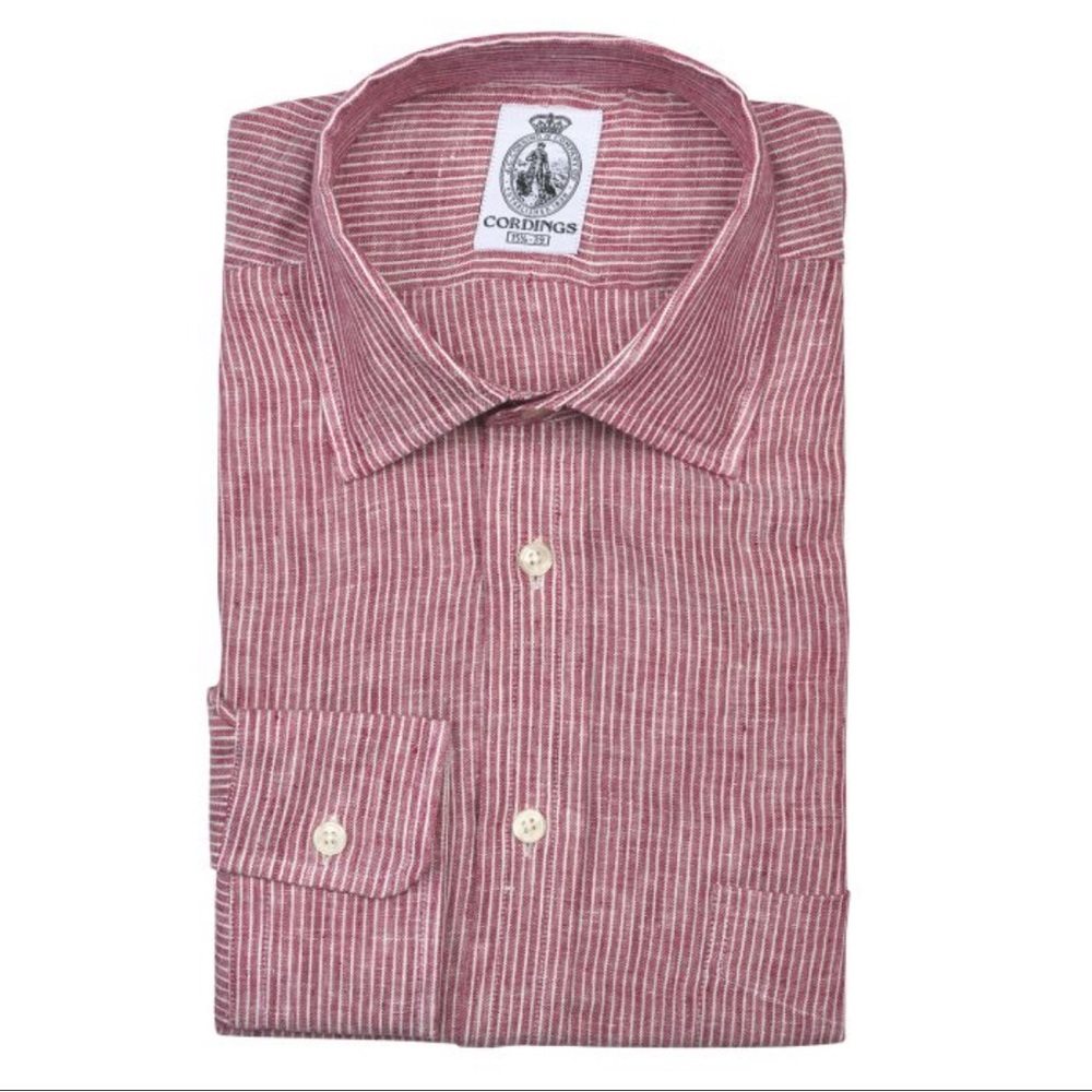 Cordings 100% Linen Pinstripe Button Down Shirt Red Dunhugh Stripe